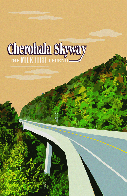 Poster for Cherohala Skyway with text: The lowest pass through the Great Smoky Mountains